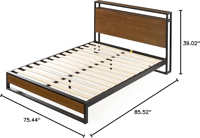 ZINUS Suzanne Bamboo and Metal Platform Bed Frame with Headboard Shelf and USB Ports, No Box Spring Needed, Wood Slat Support, Easy Assembly, King