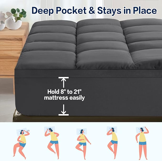 SOPAT Mattress Topper King Size Extra Thick Mattress Pad 8-21" Deep Pocket Soft Down Alternative Fill Mattress Protector Pillow Top Mattress Cover (78x80 Inches, Dark Grey)