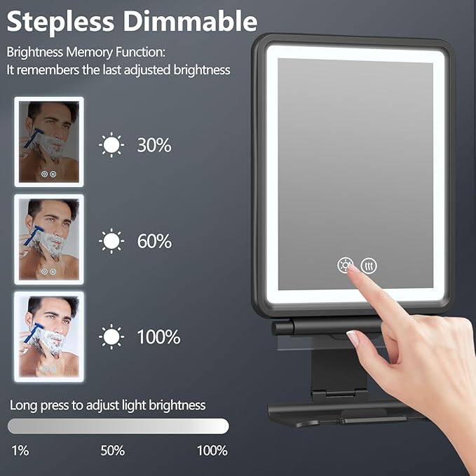 Heated Shower Mirror Fogless for Shaving, 3 Colors Stepless Dimmable Lights Fogless Mirror for Shower, Rechargeable Anti Fog Shaving Mirror for Shower with Razor Holder for Men, Light Memory Function