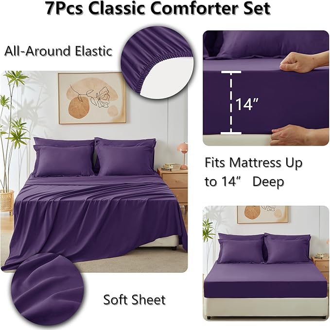 CozyLux Queen Comforter Set Purple - Bed in a Bag Queen Size 7 Pieces, Luxury Soft Bed Set for All Seasons, Bedding Set with Down Alternative Comforter, Sheets, Pillowcases & Shams