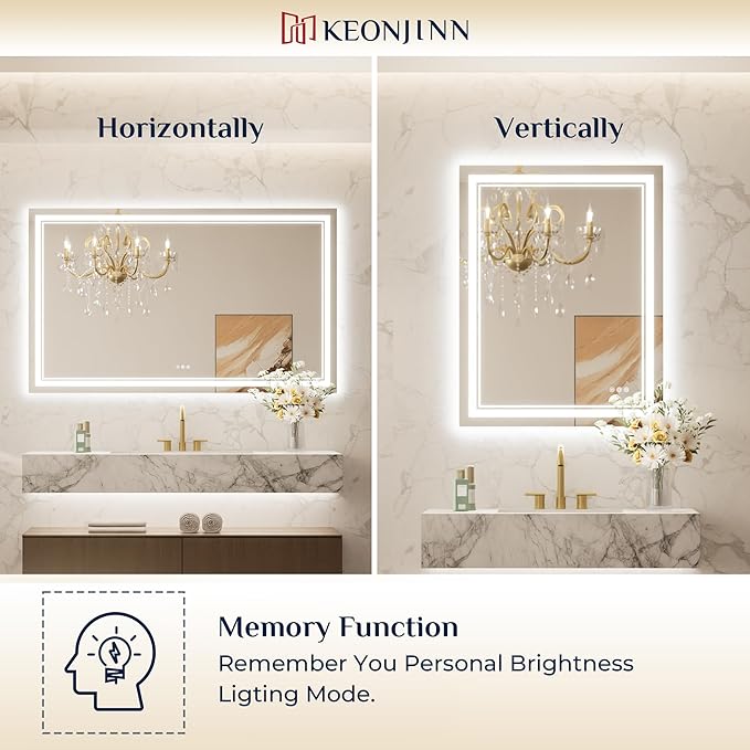 Keonjinn LED Bathroom Mirror 48” x 30” with Frontlit and Backlight, Stepless 3 Colors Temperature & Dimmable Wall Mirror, Tempered Glass, UL Listed LED Driver, Double Lights, Anti-fog Frameless Mirror