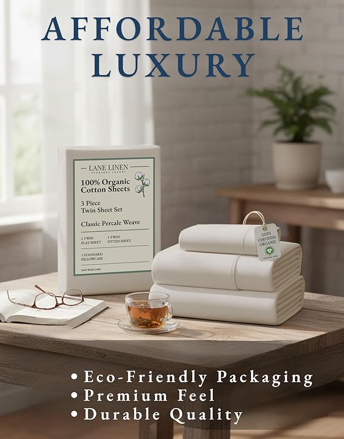 LANE LINEN Twin Bed Sheets, 100% Organic Cotton Sheets Twin Size, 3Pc Twin Bed Sheet, Hotel Quality Bed Sheet Set, Bedding Sheet & Pillowcases, Deep Pockets Upto 15" - Glacier Grey