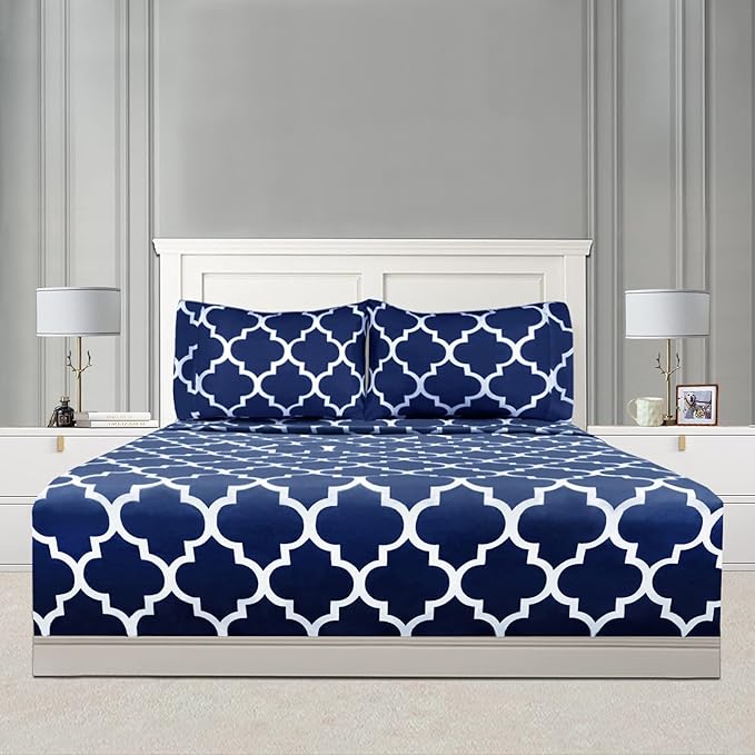 Mejoroom King Bed Sheet Set - Super Soft Brushed Microfiber 1800 Thread Count King Sheets with 15 inch Deep Pocket - Wrinkle Free - 4 Piece(King, Navy Quatrefoil with White Pattern)
