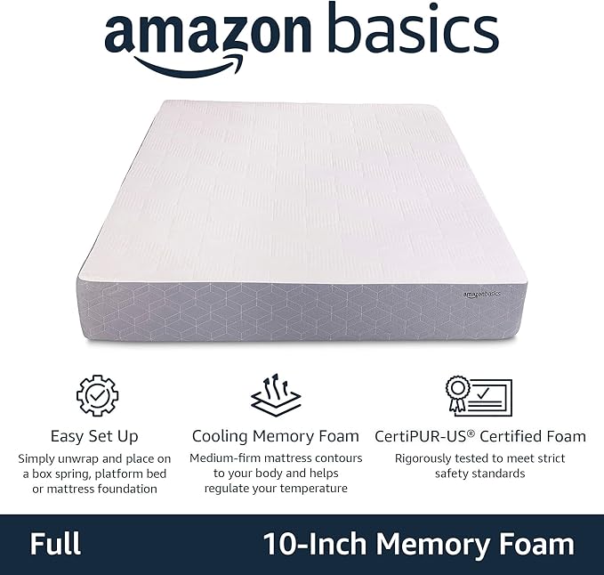 Amazon Basics Memory Foam Mattress, Medium Firm, Cooling Gel, Full Size Mattress, CertiPUR-US® Certified Foam, 75 x 54 x 10 inches, White/Gray
