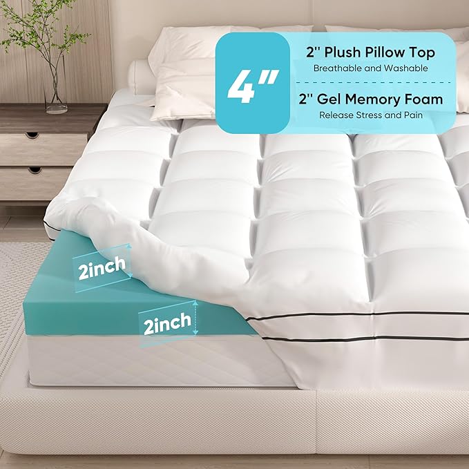 Memory Foam Mattress Topper Queen Size, Dual Layer 4 Inch Mattress Pad,2 Inch Gel Memory Foam Plus 2 Inch Pillow Top Cover with 8-21 Inch Deep Pocket