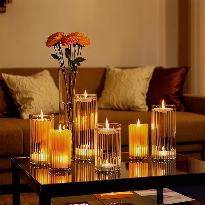 yshengood Glass Hurricane Candle Holder Ribbed Glass Candle Holder - Elegant & Easy to Use, Perfect for Wedding, Holiday, Party Decor, Home and Event Essential