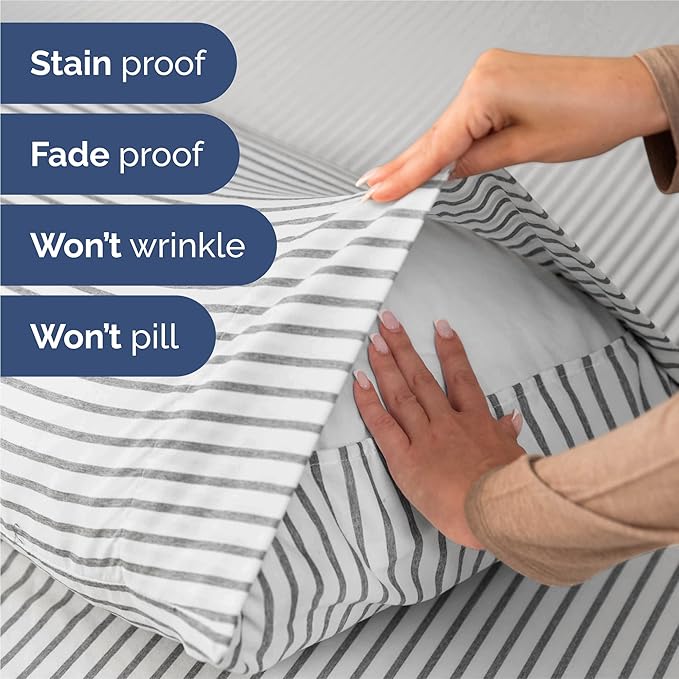 Split King 7 Piece Sheet Set - Comfy Breathable & Cooling - Soft Hotel Luxury Bedding Set w/ 8-16 Inch Deep Pockets - 1 Flat & 2 Fitted Sheet & 4 Pillowcases - Cozy and Wrinkle Free - Grey Stripes 2