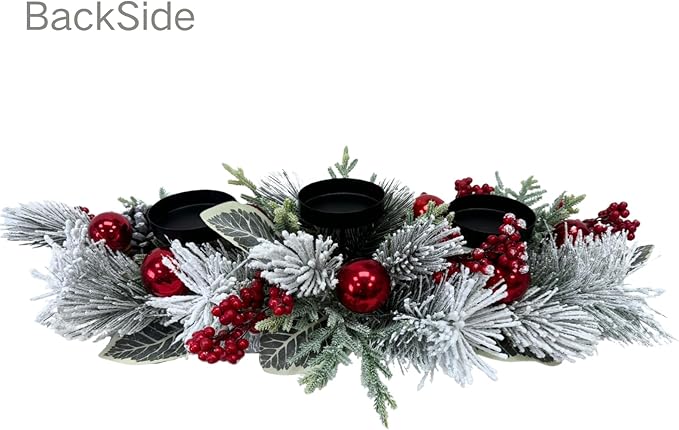 Christmas Candle Holder 3 Candle Holders Xmas Table Centerpiece with Snow Flocked Pine Branches,Pinecones, Red Berries