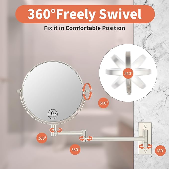 8" Wall Mounted Makeup Mirror 1X/ 10x Magnifying Mirror Double Sided Vanity Makeup Mirror for Bathroom Nickel Brush Finish