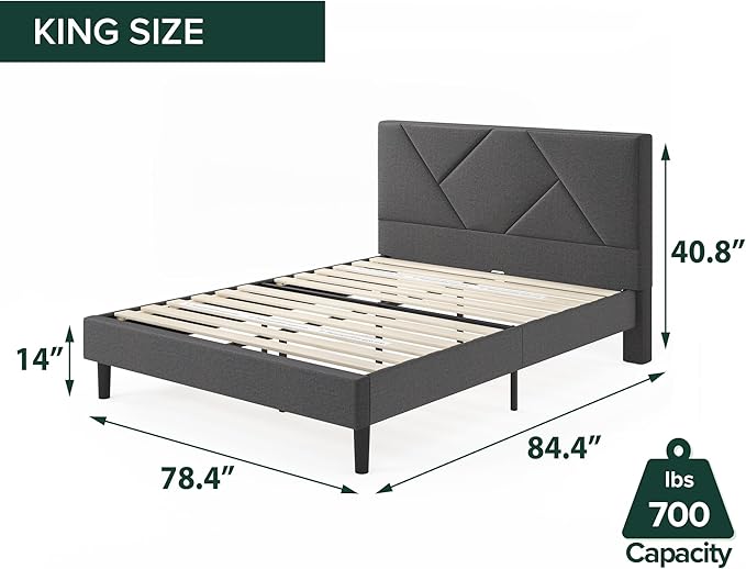 ZINUS Judy Upholstered Platform Bed Frame, Mattress Foundation, Wood Slat Support, No Box Spring Needed, Eco Friendly WonderBox (TM), Easy Assembly, Dark Grey, King