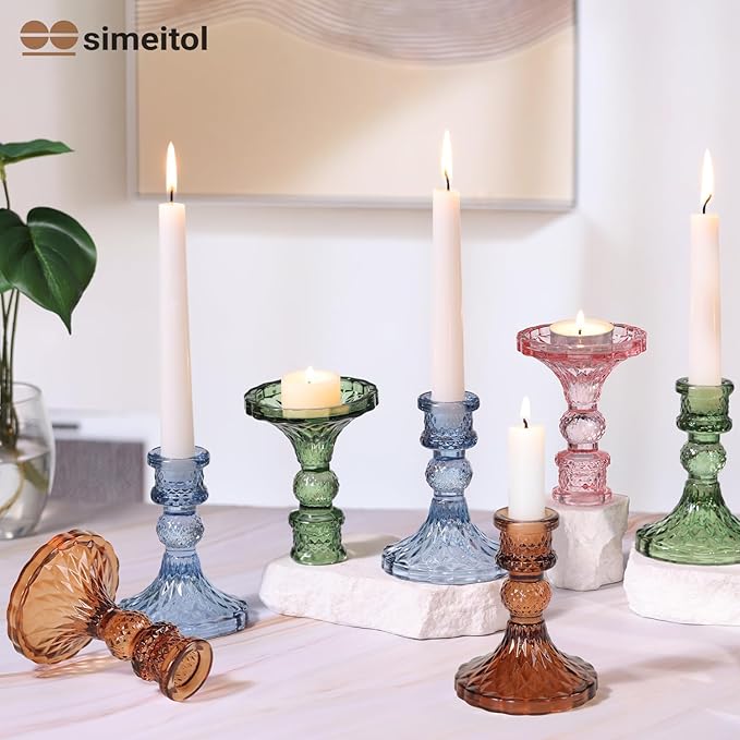 Amber Candle Holder Set of 12, Glass Taper Candle Holders, Amber Candlestick Holders, Candle Stick Holder for Table Centerpieces, Vintage, Home Decor