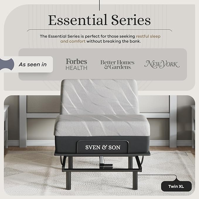 Sven and Son Essential Adjustable Bed Base (Frame) + 10 inch Memory Foam Matt (Firm), Easy Assembly, Head and Foot Lift, Memory Positions, Zero Gravity, Wireless Remote - Twin XL