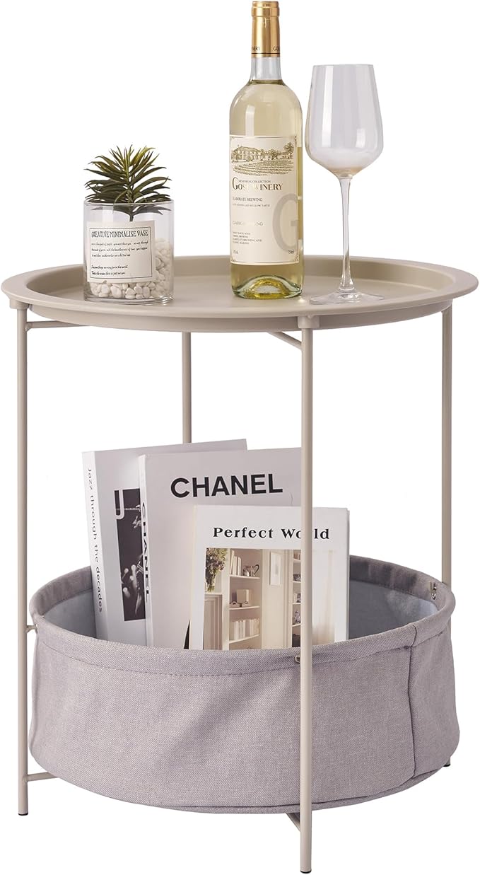 VECELO Round Side/End Table with Fabric Storage Basket，Metal Anti-Rust and Waterproof Small Bedside Nightstand with Removable Tray Top for Living Room，Balcony & Laundry，Grey /1pcs with Basket