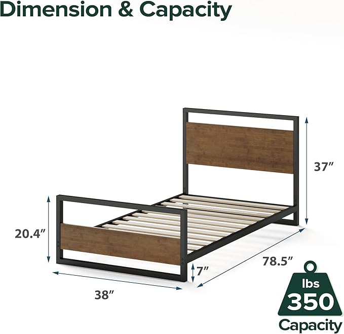 ZINUS Suzanne Bamboo and Metal Platform Bed Frame with Footboard, Wood Slat Support, No Box Spring Needed, Easy Assembly, Twin