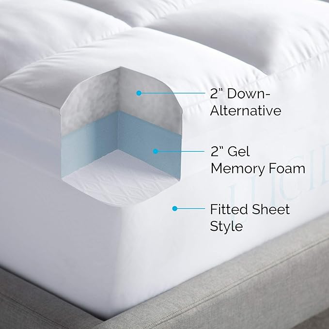 LUCID 4" Down Alternative & Gel Memory Foam Mattress Topper, Twin XL – Three Toppers in One – Fitted Sheet Style, 100% Cotton