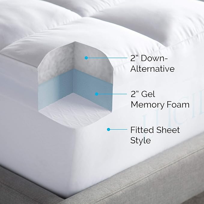 LUCID 4 Inch Down Alternative and Gel Memory Foam Mattress Topper - Three Toppers In One - King , White