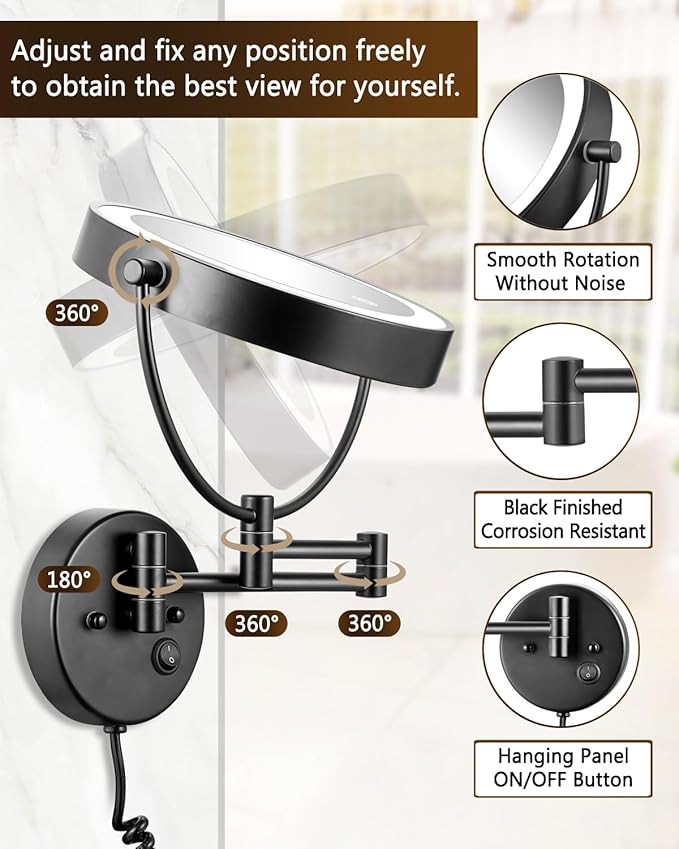 ALHAKIN 9" Wall Mounted Lighted Makeup Mirror, Large Rechargeable 1X/10X Magnifying Mirror with 3 Color Lights Dimmable, 360° Rotation, Nickel