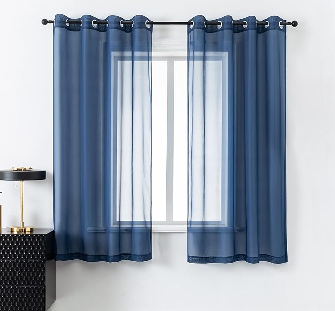 DUALIFE Navy Indigo Blue 54 Inches Sheer Curtains for Bathroom Small Windows with Grommet Semi Voile Drapes for Boys Room Kids Bedroom 52 x 54 Inch Length Set of 2 Panels Dark Blue