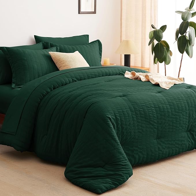 CozyLux Queen Comforter Set Emerald Green Seersucker 7 Pieces Bed in a Bag Queen Comforter Set with Sheets, Luxury Soft Bedding Set with Down Alternative Comforter, Sheets, Pillowcases & Shams