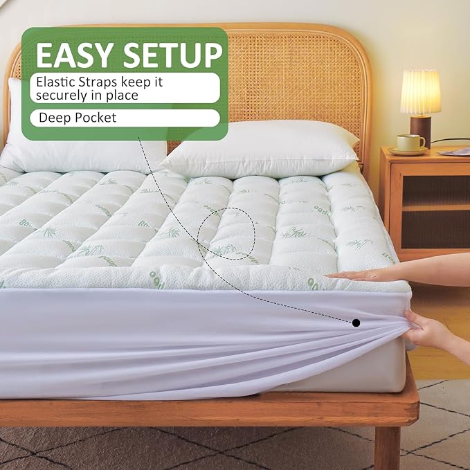 Bioeartha Cooling Mattress Topper Queen – Extra Soft Pillow Top Mattress Pad, Breathable Viscose Made from Bamboo Mattress Protector for Back Pain Relief, Deep Pocket Cover Fits 8–21 Inch