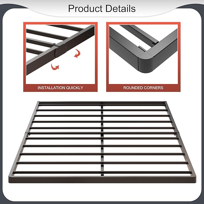 1.6 Inch Bunkie Board Queen Heavy Duty Low Profile Metal Queen Box Spring Bed Base Sturdy Mattress Foundation, Easy Assembly, Noise Free, Black