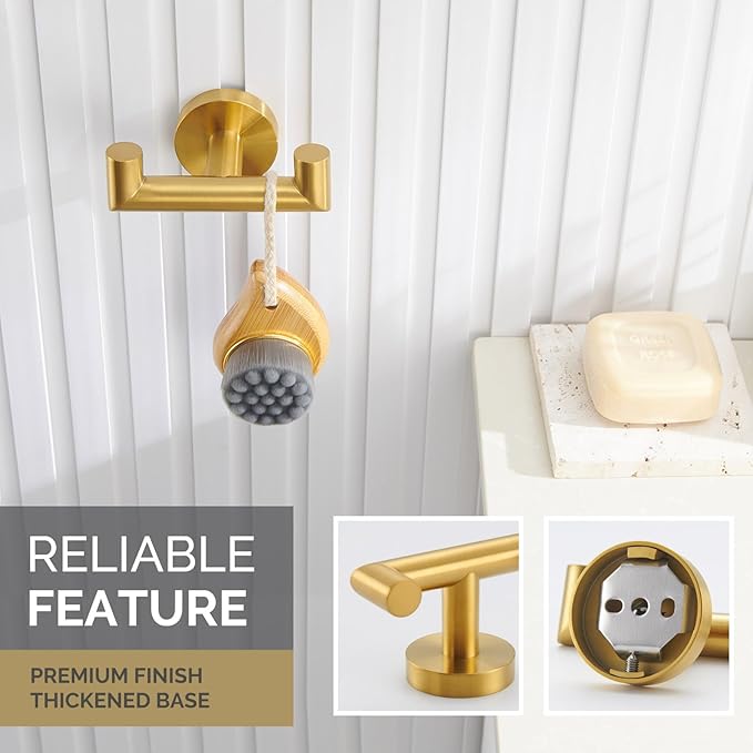 Angle Simple Bathroom Double Hook Brushed Gold, SUS304 Stainless Steel Bath Towel Holder, Double Robe Hanger Wall Mount