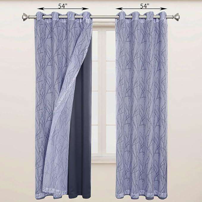BONZER Mix and Match Curtains - 2 Pieces Branch Print Sheer Curtains and 2 Pieces Blackout Curtains for Bedroom Living Room Grommet Window Drapes, 54x84 Inch/Panel, Grey Dark, Set of 4 Panels