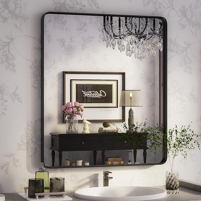 ISKM Wall Framed Mirror for Bathroom 28" x 36" Rectangular Hanging Mirror Farmhouse Wall Mounted Mirror Tempered Glass
