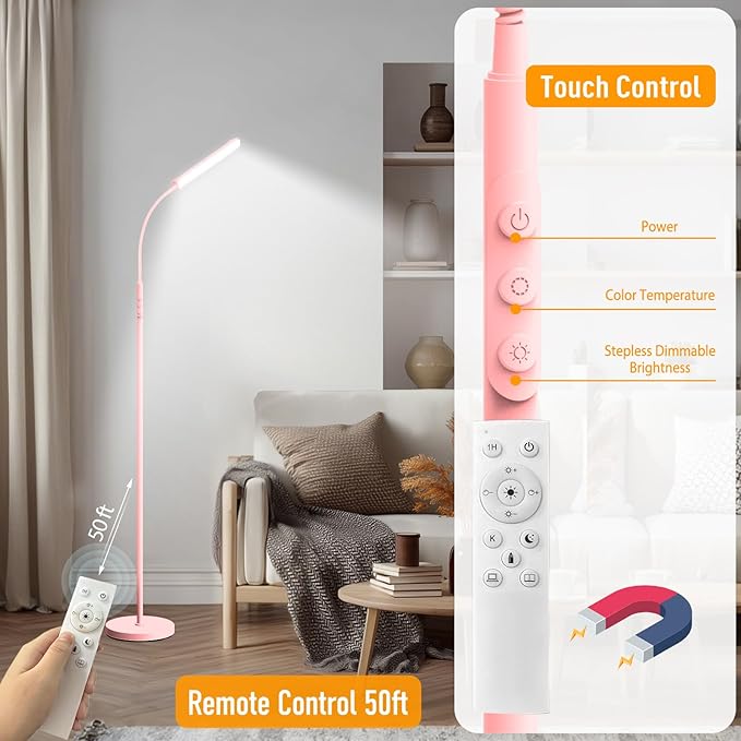 Pink LED Floor Lamp, 18W 1800LM Bright Floor Lamp with Remote & Works with Smart Plug, Dimmable Timing Eye Caring Reading Light Modern Standing Floor Lamps for Living Room Bedroom Office