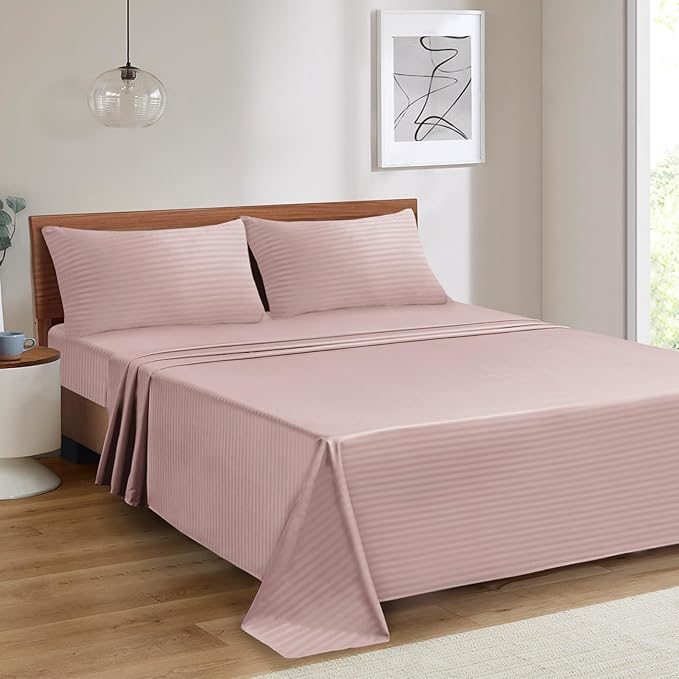 Mejoroom Striped King Size Bed Sheet Set - Hotel Luxury 1800 Bedding Sheets & Pillowcases - 16" Deep Pocket Fitted Sheet, Soft, Breathable, Wrinkle & Fade Resistant - 4 Piece(02-Dusty Pink)