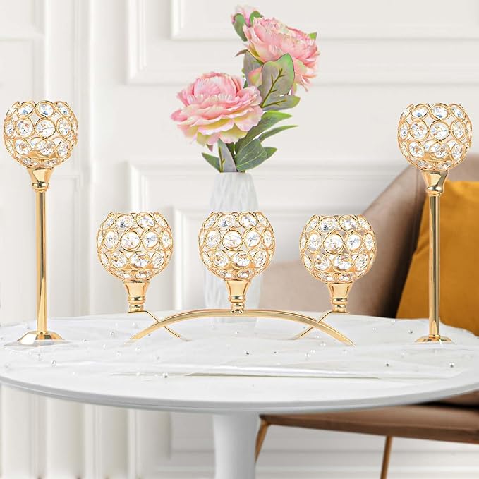 Crystal Tealight Candle Holder Centerpiece Home Decorative Candlestick Holder Elegant Table Centerpiece Home Decor Wedding Party Anniversary (Gold, Set of 3)