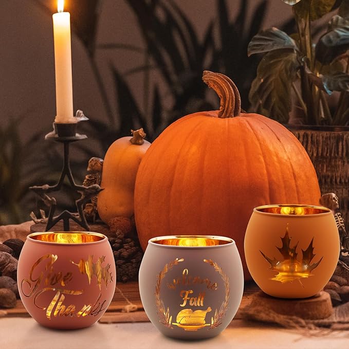 Thanksgiving Votive Candle Holder Set of 6, Glass Votives Holder with 6 Laser Engraving Patterns, Tealight Holders Bulk for Fall Table Centerpiece Decor