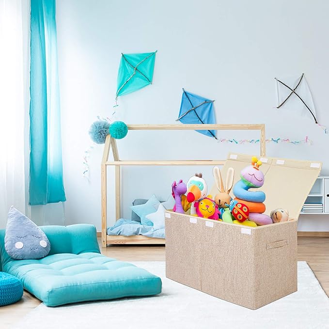 2 Pack Large Toy Box Chest Storage with Flip-Top Lid, Sturdy Kids Toy Storage Bin Boxes Container for Boys, Girls, Nursery, Closet, Bedroom, Playroom 25"x13" x16"(Linen Beige)