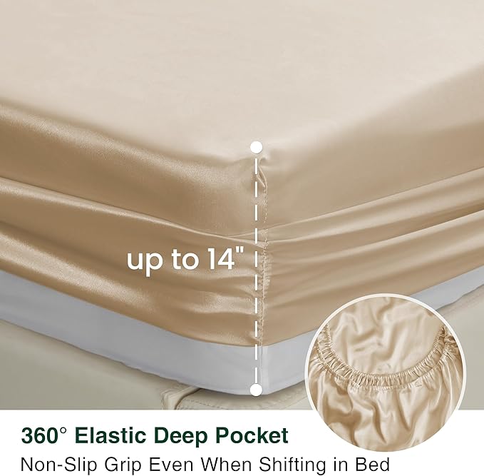 Love's cabin Satin King Sheet Sets - 4 Piece Beige Silky Sheets King Size Bed Set with Deep Pocket, Luxury Silk Feel King Size Satin Sheet Set (1 Flat Sheet,1 Fitted Sheet,2 Pillow Cases)