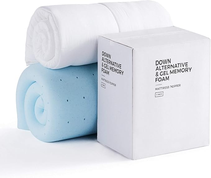 LUCID 4" Down Alternative & Gel Memory Foam Mattress Topper, Twin XL – Three Toppers in One – Fitted Sheet Style, 100% Cotton