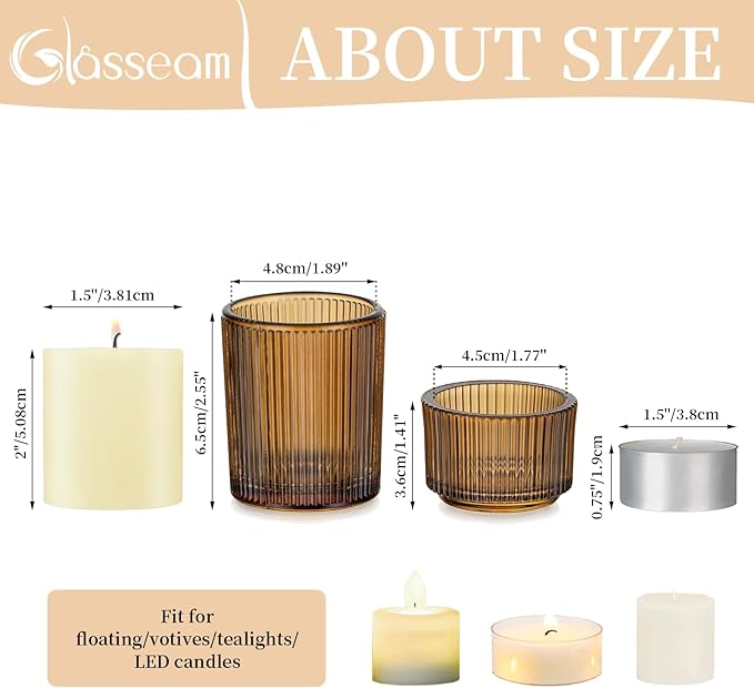 Glasseam Amber Tealight Candle Holders: 24pcs Ribbed Small Votive Holders Bulk for Thanksgiving Table Centerpiece Fall Wedding Christmas Decor