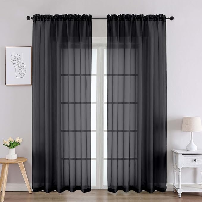 Chyhomenyc Black Sheer Curtains 84 Inches Long 2 Panels, Light Filtering Black Curtains for Living Room, Soft Gentle Voile Rod Pocket Bedroom Window Drapes, 59Wx84L Inch, 2PCS
