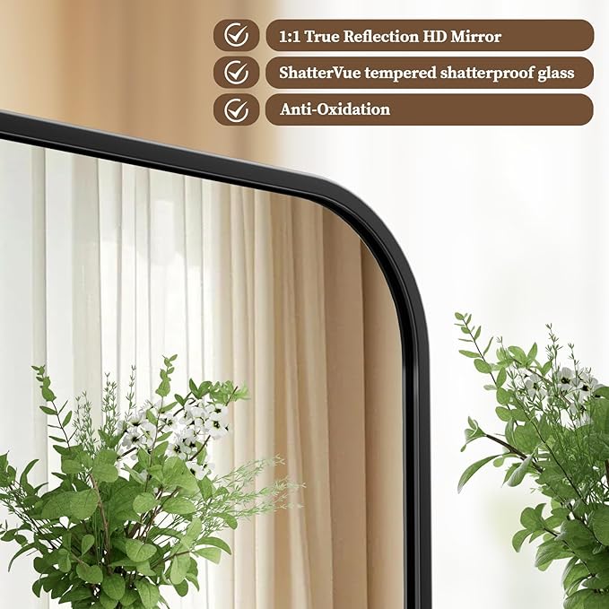 BEAUTYPEAK 26" x 38" Rectangular Aluminum Alloy Frame Wall Mounted Bathroom Mirror with Rounded Corners, Black