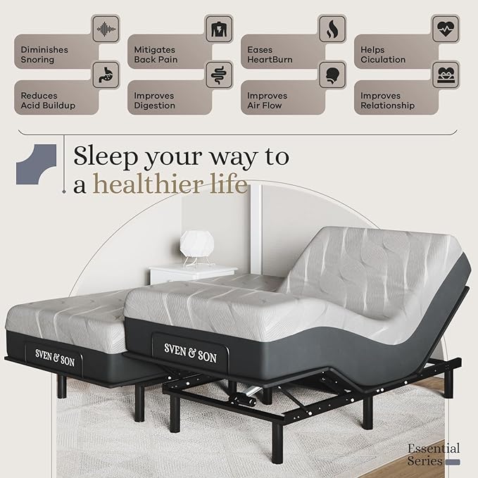 Sven & Son Essential Adjustable Bed Base (Frame) + 14 inch Hybrid Spring Matt (Medium Soft), Easy Assembly, Head and Foot Lift, Memory Positions, Zero Gravity, Wireless Remote - Split King