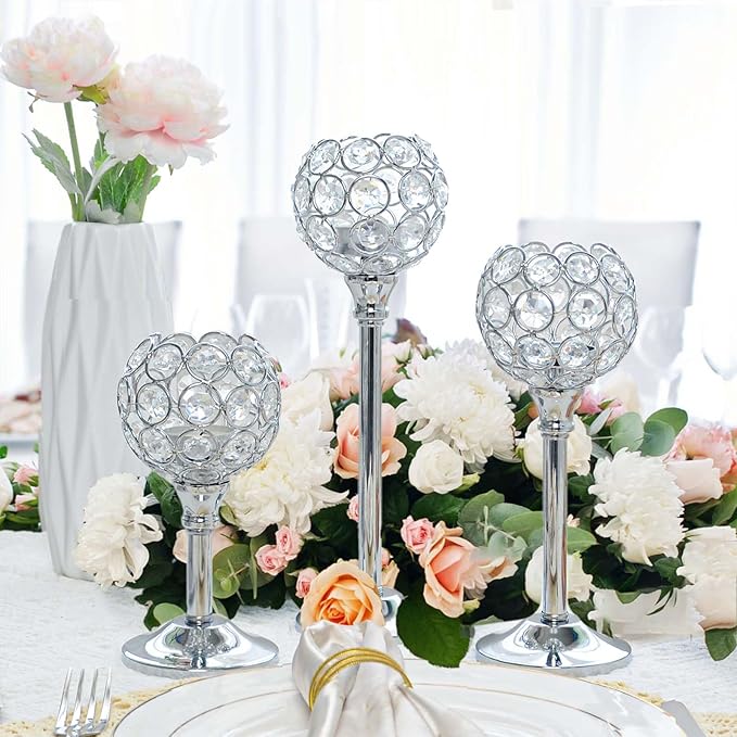 Bulk Crystal Candle Holder Set, 3 Sizes Tealight Candlestick Holders, Elegant Candelabra for Wedding Table Centerpiece, Fireplace, Home & Living Room Decor – Kehail (Set of 12, Silver)