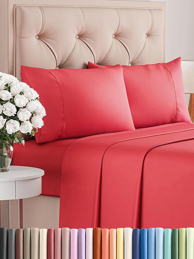 Twin XL 4 Piece Sheet Set - Comfy Breathable & Cooling - Ultra Soft Hotel Luxury Bedding Set w/ 8-16 Inch Deep Pockets - 1 Flat & 1 Fitted Sheet & 2 Pillowcases - Cozy, Wrinkle Free & Easy Care - Red