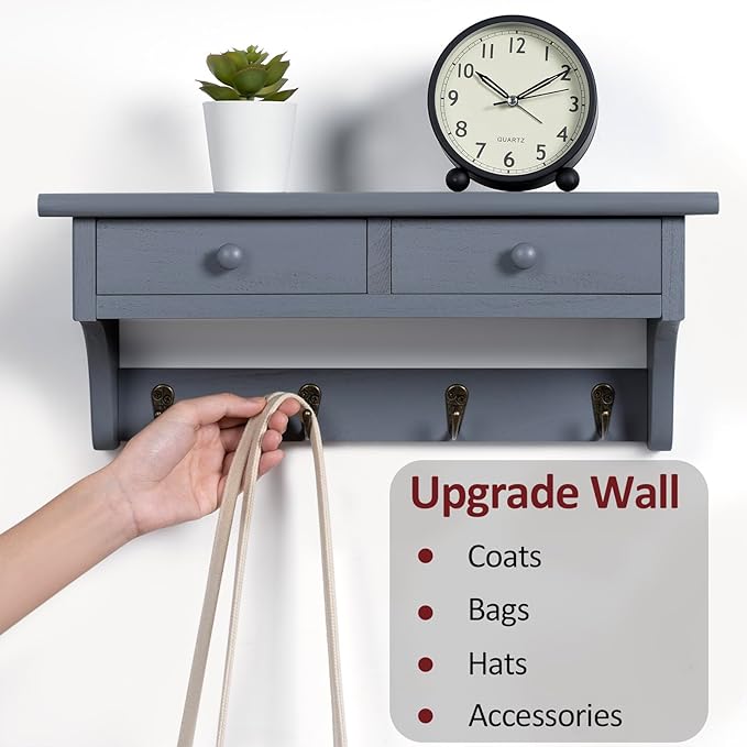 Emfogo Coat Hooks Wall Mounted, Rustic Wood Coat Rack Wall Mount Shelf with Hooks, Farmhouse Wall Coat Rack with Shelf & Coat Hook for Entryway, Mudroom, Bedroom, Kitchen, Bathroom (Gray)
