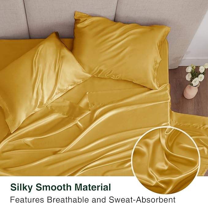 Love's cabin Twin XL Satin Sheet Sets - 3 Piece Gold Silky Bed Sheets with Deep Pockets, Luxury Silk Feel Satin Sheet Set Twin XL (1 Flat Sheet,1 Fitted Sheet,1 Pillow case)