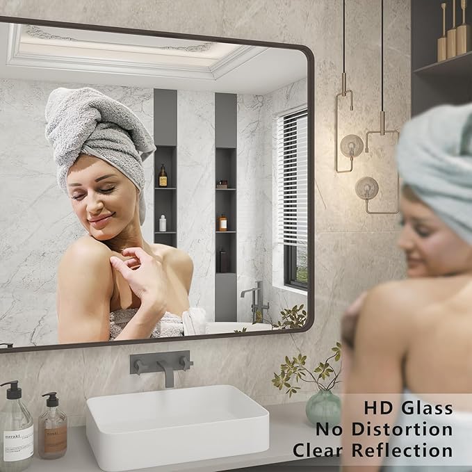 Bronze Bathroom Mirror for Wall, 55x30 Large Brushed Bronze Vanity Mirror for Bathroom, Rounded Rectangle Mirror, Anti-Rust, Shatterproof (Horizontal/Vertical)