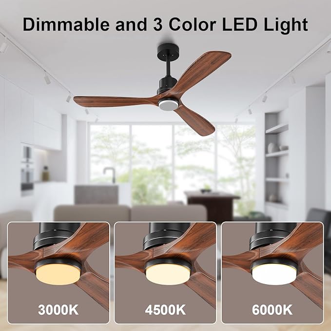 Obabala 52 Inch Ceiling Fans with Lights and Remote Control-Outdoor Ceiling Fan with Light 3 Walnut Wood Blade for Bedroom Living Room Indoor Farmhouse Patio, Reversible Noiseless DC Motor