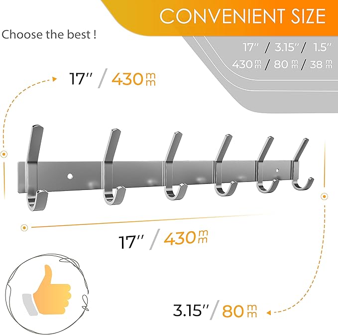 Coat Rack Wall Mount – Brushed Nickel 17 Inch Stainless Steel Hook Rail with 6 Heavy Duty Double Coat Hooks – Wall Mounted Coat Hanger for Entryway, Bathroom, Bedroom, Towel, Hat Organizer - 2 Pack