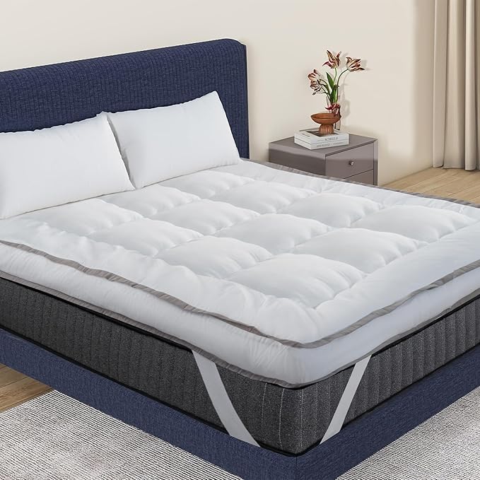 QUEEN ROSE Mattress Topper Queen, Extra Thick Pillow-Top Mattress Pad Bed Covers, Plush Soft Support, 3D Snow Down Alternative, Cooling Cloud-Like Sleep, Back Pain Relief