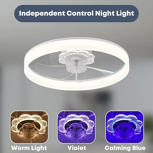 20'' Ceiling Fan with Light, Upgraded Low Profile Fan, Flush Mount Ceiling Fan, 6 Speeds, Dimmable LED, App & Remote Control, Quiet DC Motor, for Bedroom, Living Room, F116 White
