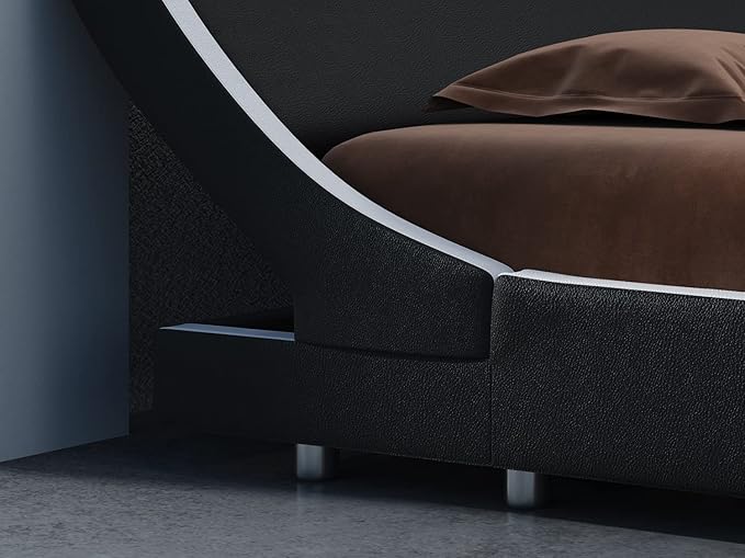 SHA CERLIN Modern Low Profile Platform Bed Frame King Size, Stylish Faux Leather Upholstered Sleigh Bed with Ergonomics Headboard, No Box Spring Needed, Black & White