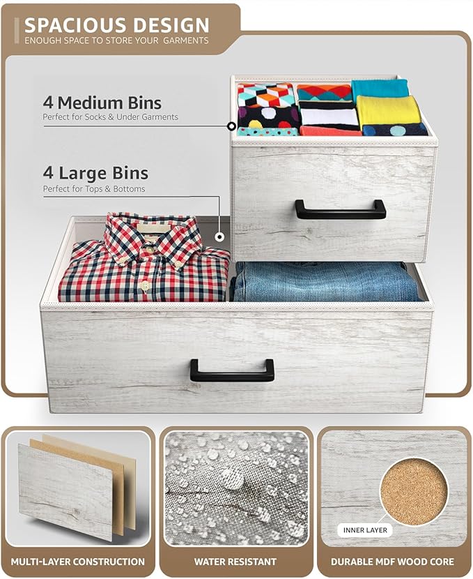 Sorbus Dresser with 8 Faux Wood Drawers - Chest Organizer Unit with Steel Frame Wood Top & Handle Easy Pull Fabric Bins for Clothes - Large Storage Furniture for Bedroom Hallway, Living Room & Closet